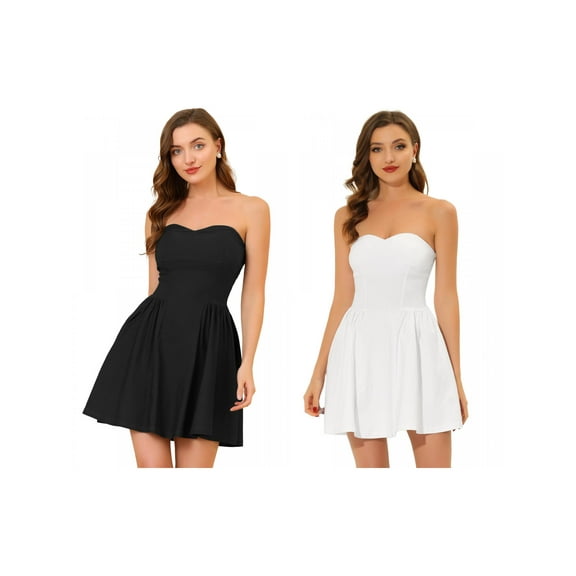 NOMADIC NOOK 2 Packs Women's Strapless Party Dress Sweetheart Neck Off Shoulder Sleeveless Mini Dress Small Black/White
