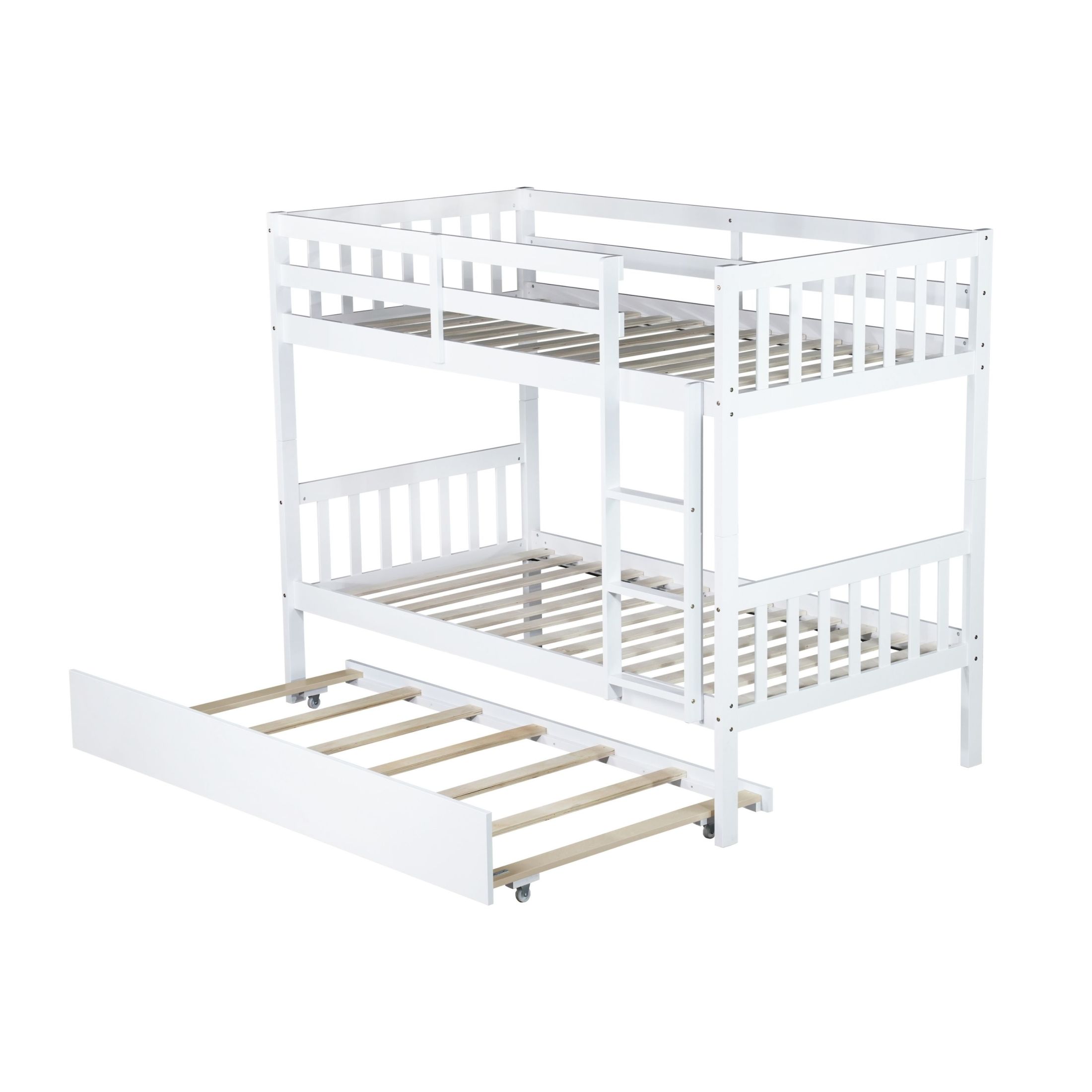Noble House Twin Over Twin Bunk Bed with Trundle, Rubber Wood Frame with Ladder and Guardrails, Convertible, White