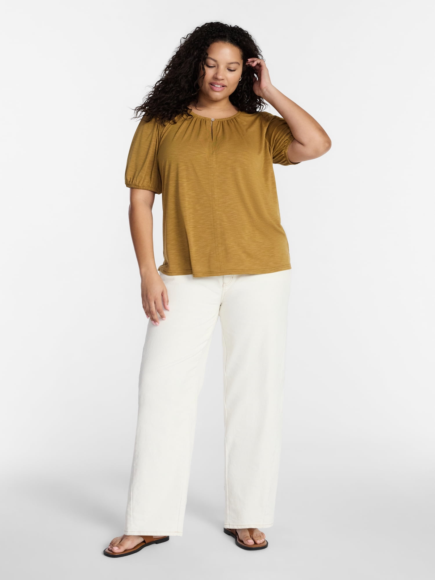 Terra & Sky Women's Plus Notch Neck Femme Puff Sleeve Top, Sizes 0X-5X