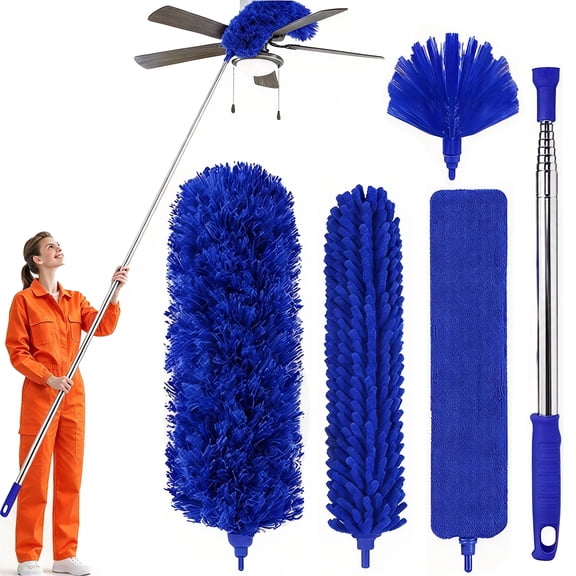 cisilov Dusters for Cleaning, Cobweb Duster with Extension Pole, Extendable Microfiber Duster for Ceiling Fan Blades Spider Web, Blue