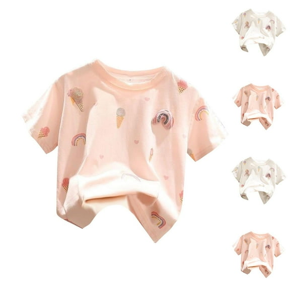 SROBPTY Kids Girls 2-7 Years Summer Embroidery Crew Neck Short Sleeve Tshirt Top Pink, 4-5 Years