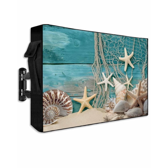Ocean Marine Outdoor TV Cover 60 to 65 inch Vintage Shell Starfish Blue Wood Grain Waterproof Dustproof TV Covers for Outside with Zipper Remote Control Pocket Flat Screen Protectors