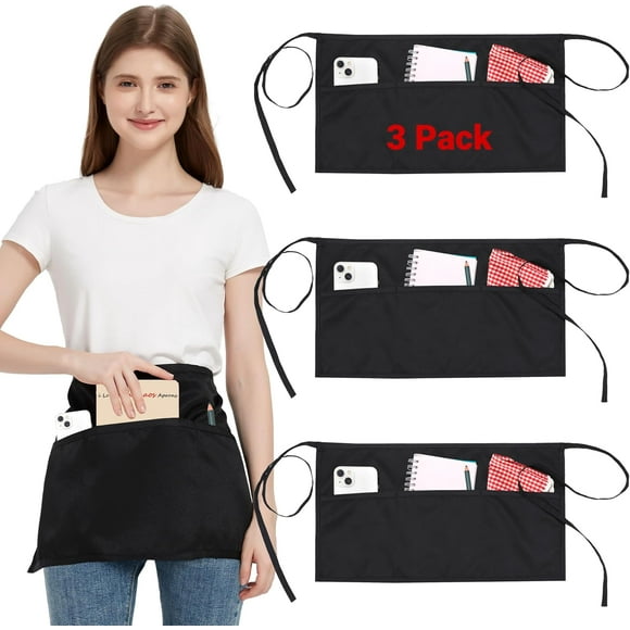 3 Pack Waist Apron with 3 Pockets, Unisex Black Waiter Aprons, Waterproof Server Apron for Restaurant Chef Bar
