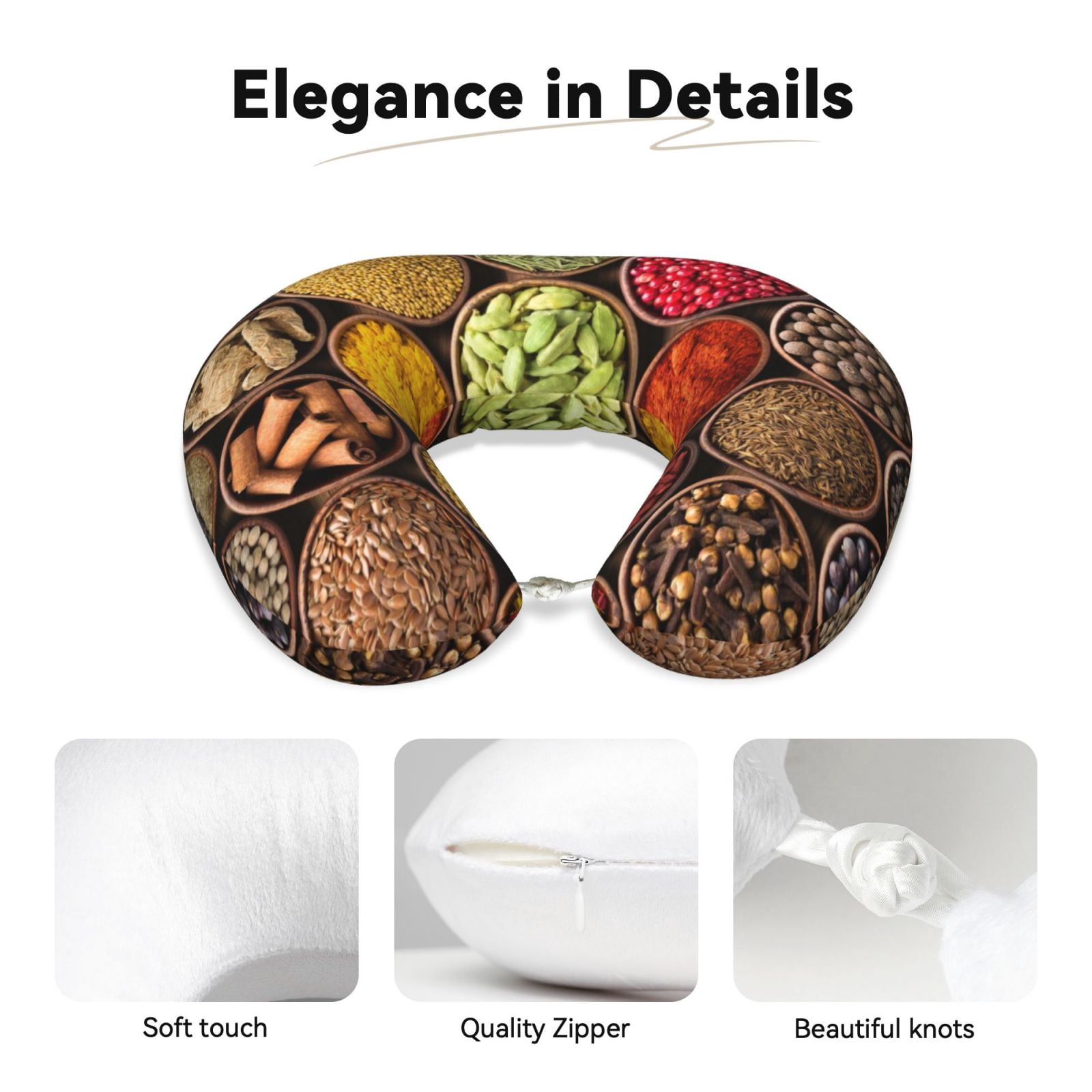 Xecao Spices And Herbs Print Memory Foam Cervical Neck Pillow Versatile U-Shaped Pillows for Home,Office,Camping,Travelling,Soft Washable Cover
