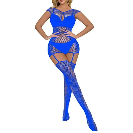 adviicd Pink Fishnets Women Fishnet Lingerie Chemise Long Sleeve Stocking Mini Dress Blue One Size