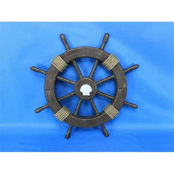 Handcrafted Decor Rustic-Wood-SW-Seashell-18 Rustic Wood Finish Decorative Ship Wheel with Seashell- 18 in.