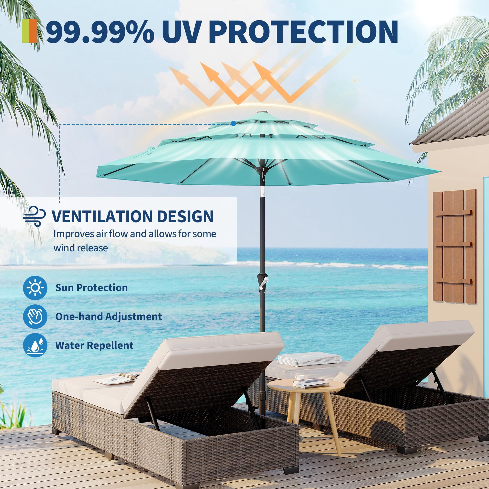 Memoryfield 9FT Outdoor 3-Tier Vented Market Table Umbrella, Heavy-Duty Patio Umbrella with 8 Ribs, Hand Crank & Ventilation, Blue