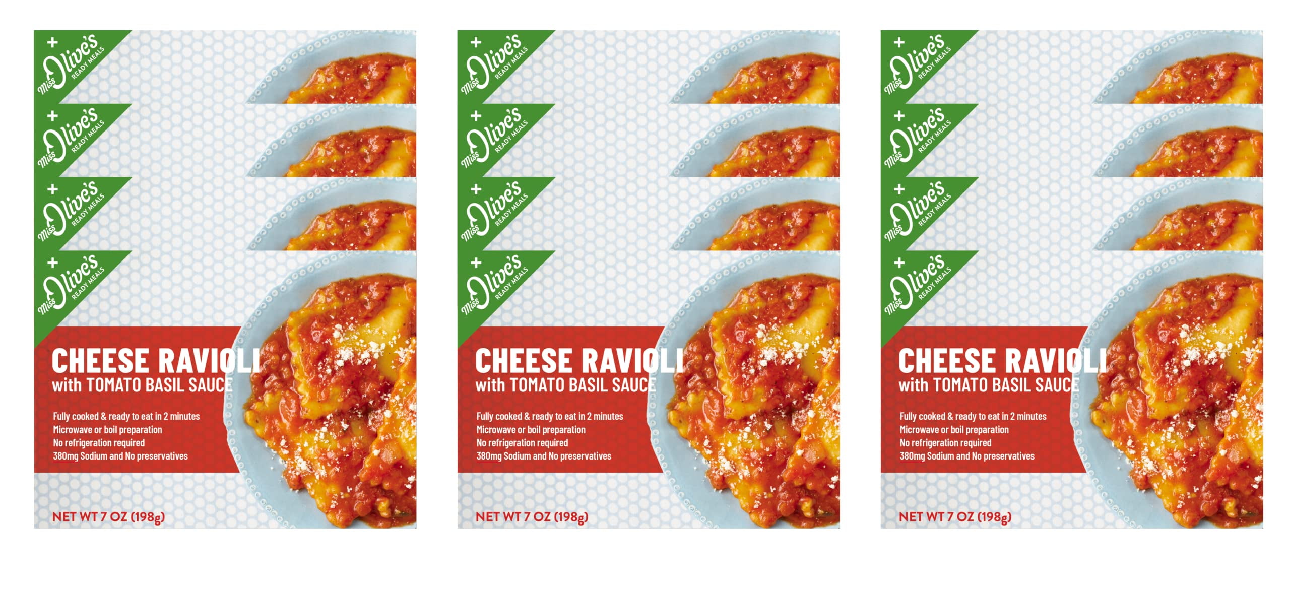 Miss Olives Cheese Ravioli, Shelf Stable, Lower Sodium Ready Meal, 7 ounce (Pack of 12)