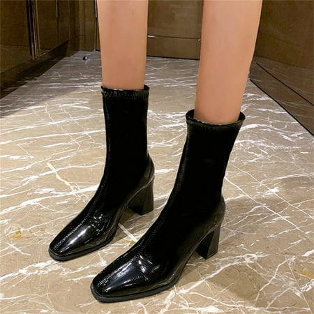 

NEGJ Ladies Fashion Solid Color Bright Leather Square Toe High Heel Boots