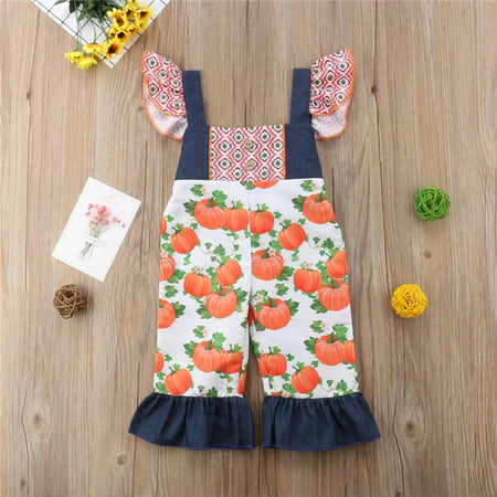 Staron Toddler Baby Kids Girls Halloween Pumpkin Sleeveless Print Overall jumpsuit Sister Clothes