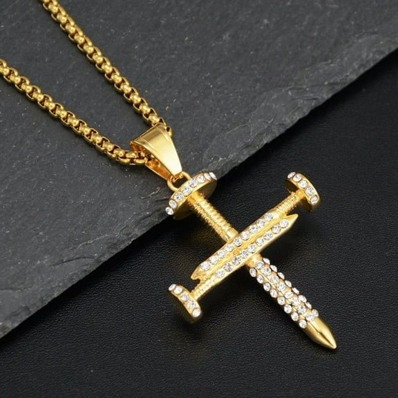 Nail Cross Pendant Jesus 14K Yellow Gold Necklace Iced Out Fashion Jewelry for Women Hip Hop Charms Men Women Gift
