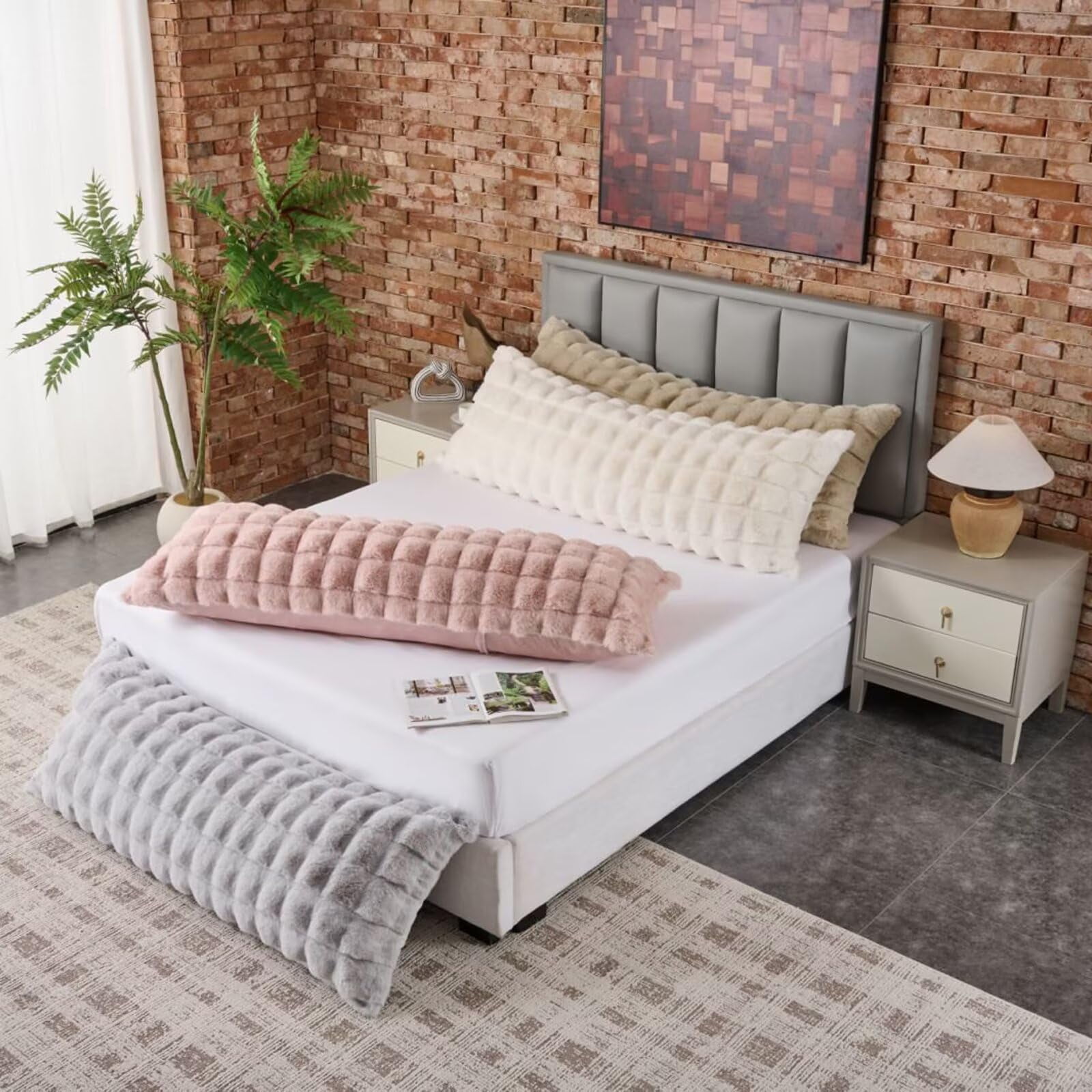 Luxury Shaggy Faux Fur Body Pillow,Fluffy Bed Pillow with Zipper Closure,Soft Decorative Plush Full Long Pillows,Fuzzy Hug Pillow for Living Room Side Sleeper & Pregnancy 20"x54" Sage Green Grid Prin