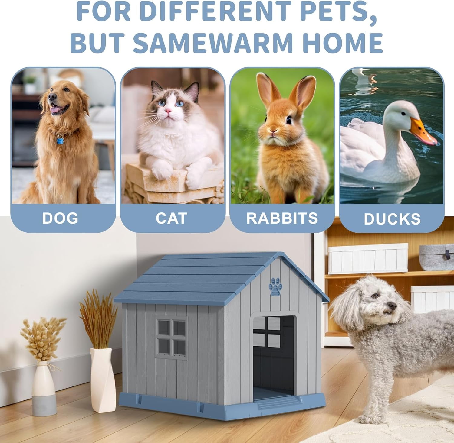 Blue 31" Indoor/Outdoor Weatherproof Dog House – Elevated Floor for Small to Large Breeds, Tool-Free Assembly