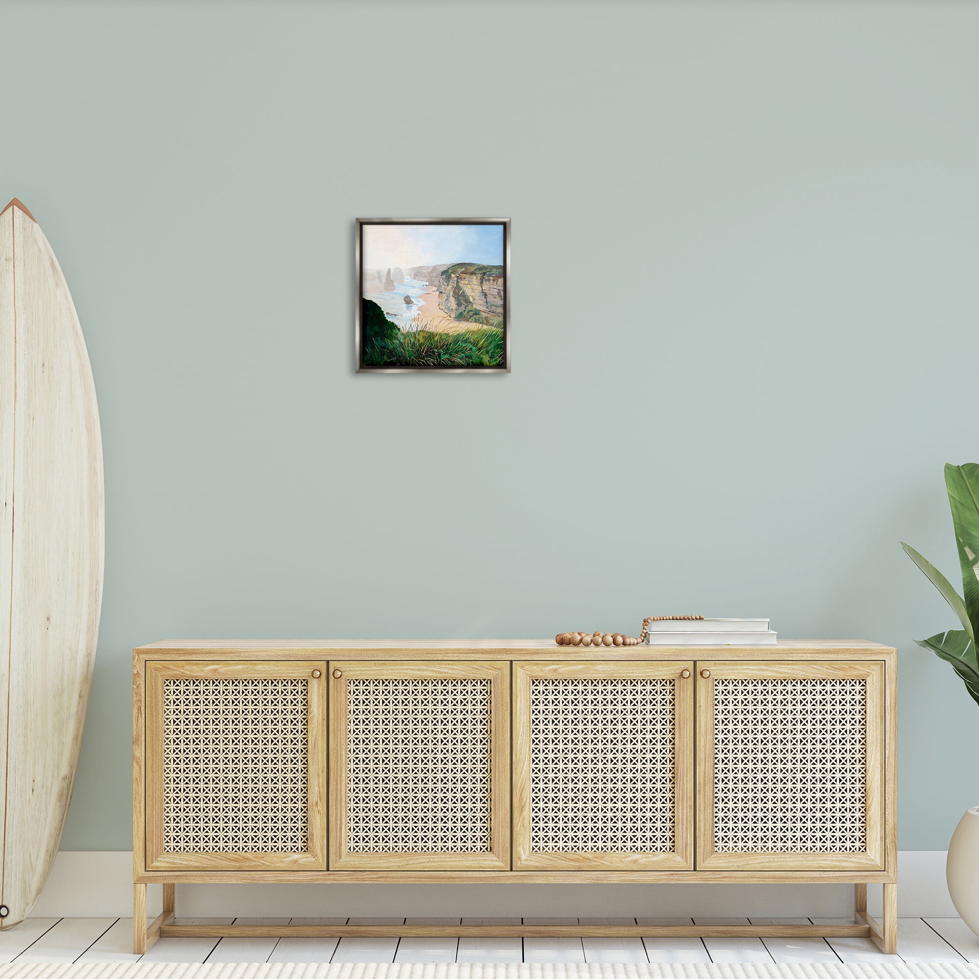 Stupell Industries Nautical Beach Cove Landscape Painting Gray Floater Framed Canvas Art Print Wall Art, 18 x 18