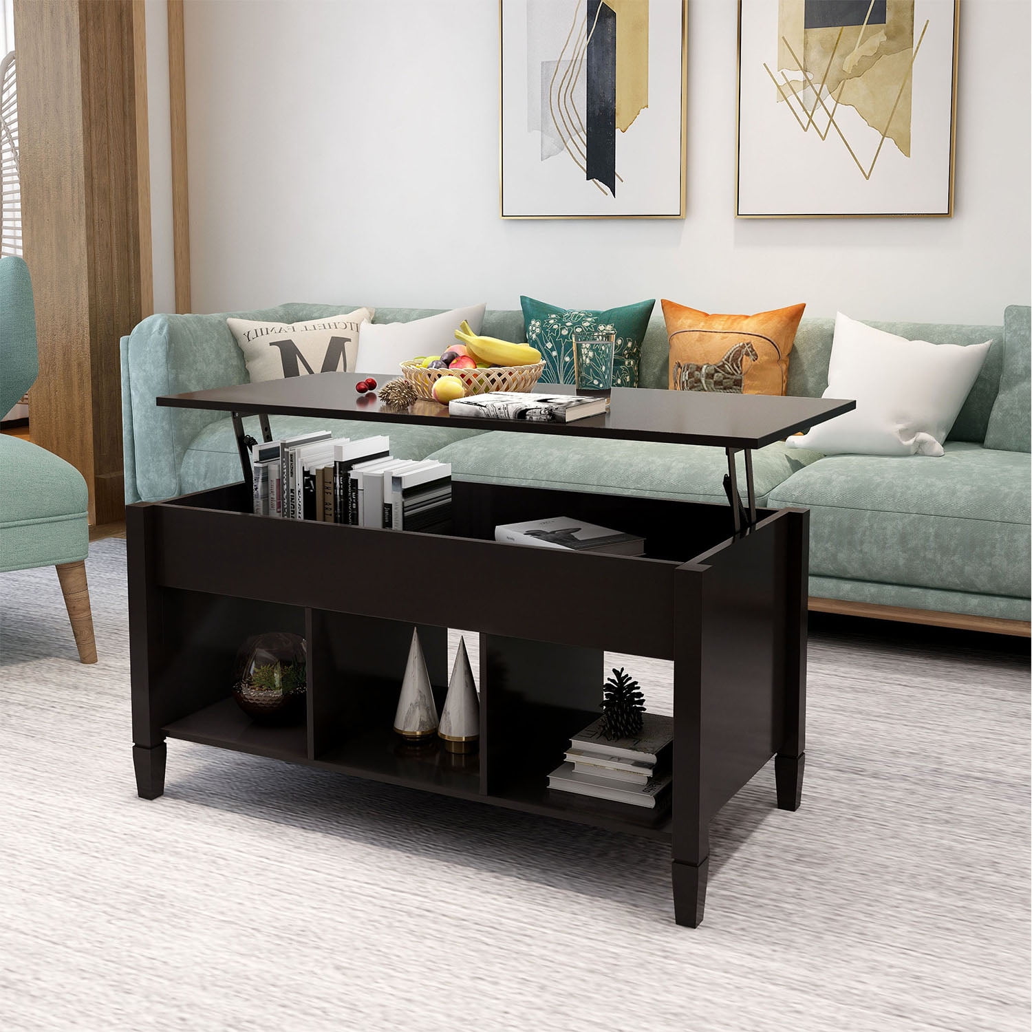 Kadyn Modern Lift Top Coffee Table with 3 Storage Rooms, Wooden Center Coffee Table Living Room Table for Home, Black