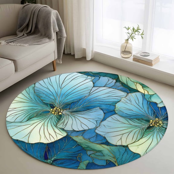 Teal Blue Leaves Round Area Rug 4Ft Washable Circle Rugs for Bedroom Dining Room, Modern Abstract Art Botanical Non-Slip Carpet Floor Mats Indoor Outdoor Carpet Runner Aesthetic Home Decor