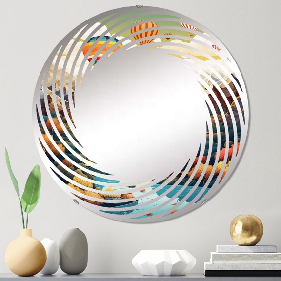 Designart "Fantasy Adventure in High-Flying Balloon III" Hot Air Balloon Spiral Round Wall Mirror - Transportation Oval Printed Decorative Mirror - Multiple Color Options
