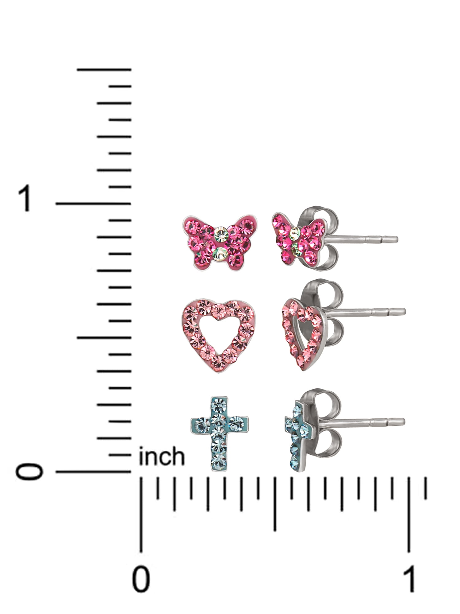 Brilliance Fine Girl’s/Tween Sterling Silver Crystal Heart, Butterfly and Cross Stud Earring Set