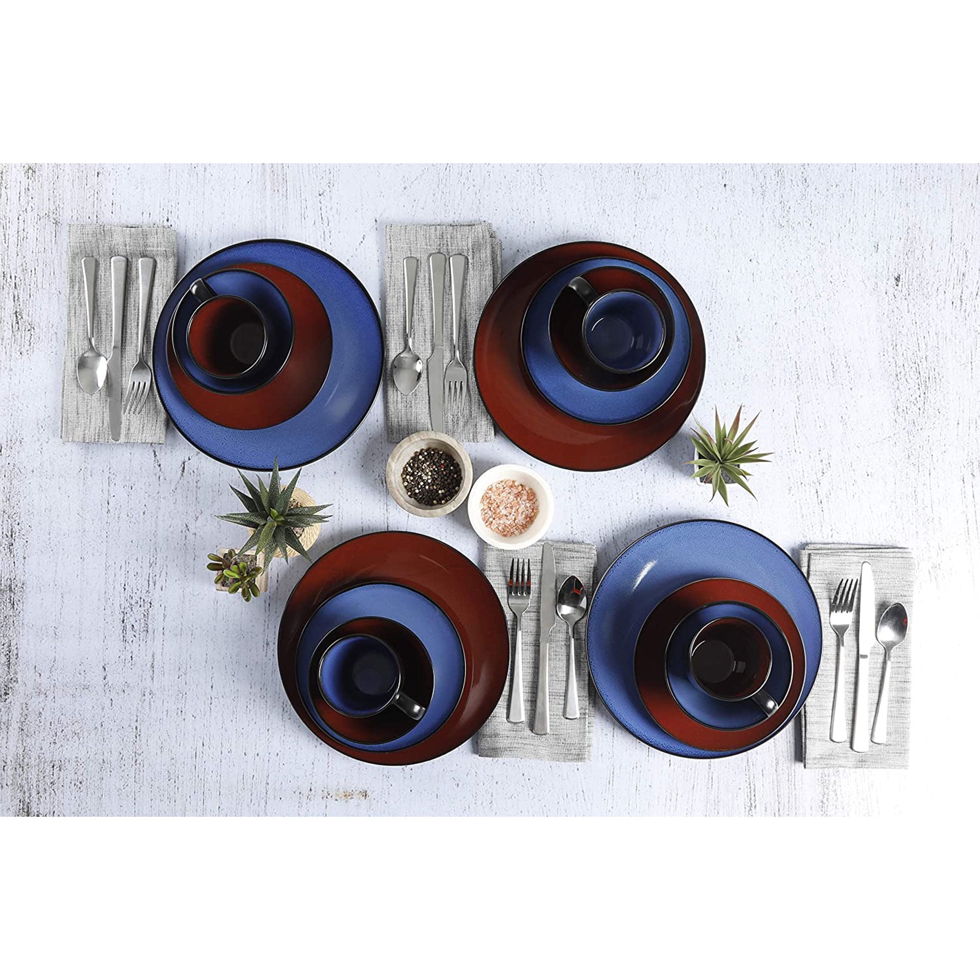 Gibson Soho Lounge 16 Piece Round Glaze Dinnerware Plates, Bowls, Mug, Blue