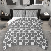 Homewish Modern Geometric Plaid Full Size Comforter Sets,Kawaii Cartoon Blossom Bedding Comforter Set,Gray White Checkered Bedding Sets For Girls Boys,Luxury Bedroom Decor Reversible,3 Pieces