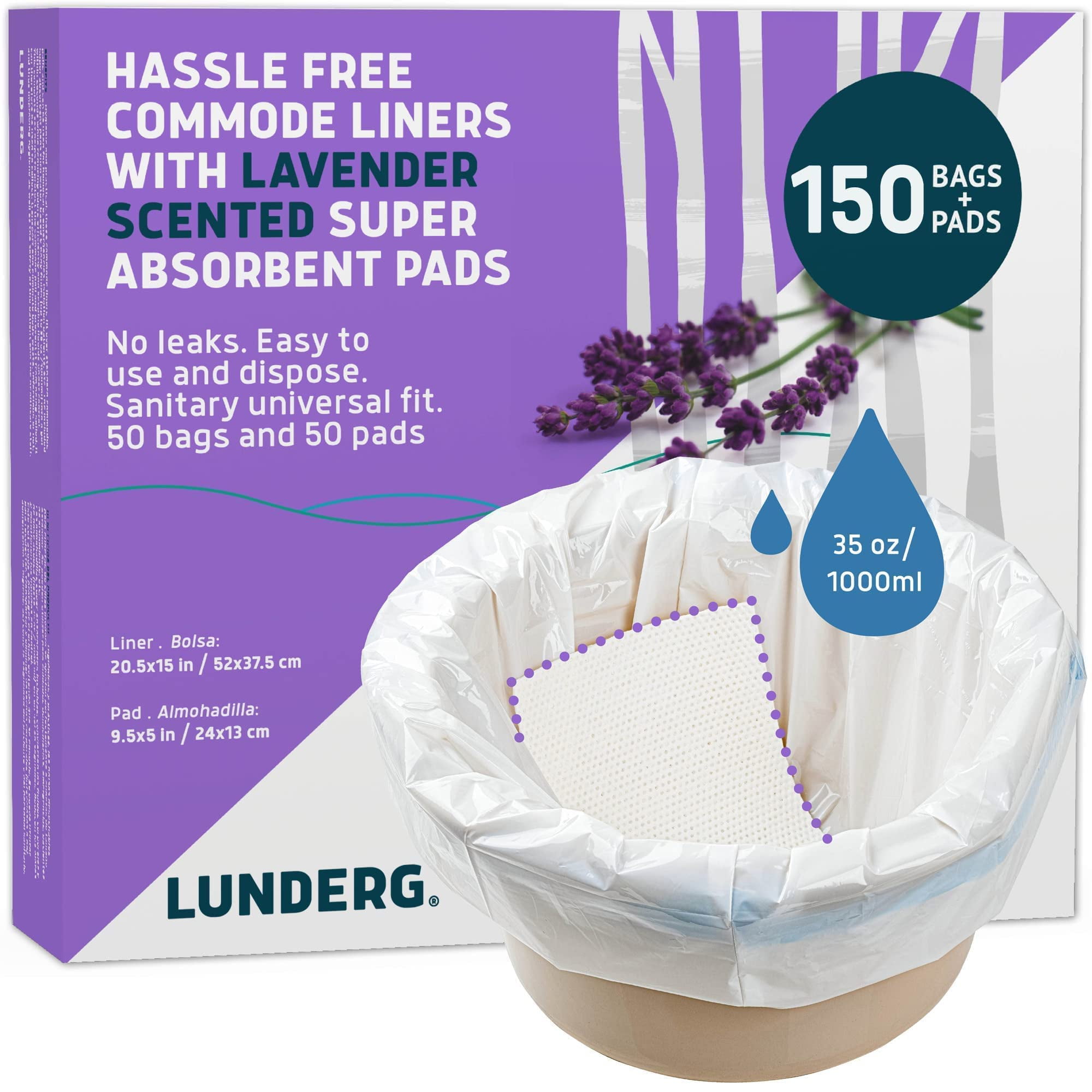 Lunderg Commode Liners with Lavender Scented Absorbent Pads Value