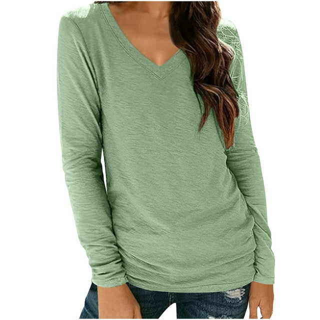 Timegard Tops for Women V Neck Long Sleeve Blouse Solid Color Basic Tee Fall Casual Comfy Tunic Tops