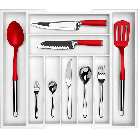 Bamboo Kitchen Drawer Organizer - Expandable Silverware Organizer/Utensil Holder and Cutlery Tray with Grooved Drawer Dividers for Flatware and Kitchen Utensils (9 Slots, White)