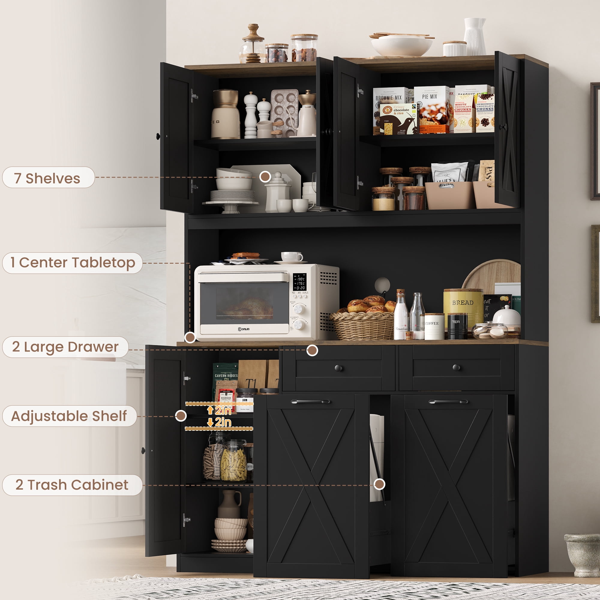 Homfa Kitchen Pantry Cabinet, Trash Can Cabinets Fits 12.5 Gallon Can, 5 Door 2 Drawer Kitchen Storage Cabinet with Hutch, Freestanding Cupboard, Black