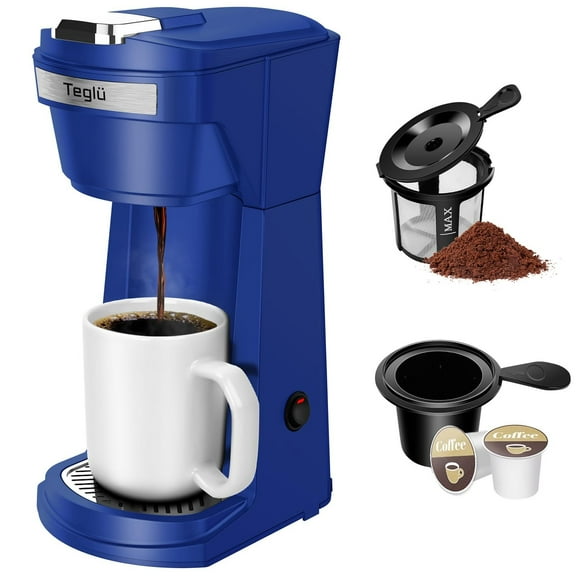 Single Serve Coffee Maker for K Cup Pod & Ground Coffee 2 in 1, K Cup Coffee Machine 14 oz Brew Size, Mini Single Cup Coffee Pod Fast Brew, Reusable Filter, Blue
