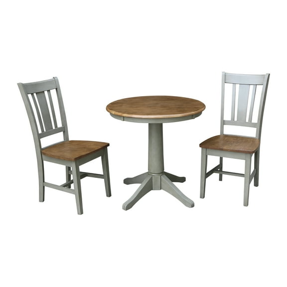 30'' Round Solid Wood Pedestal Dining Table with 2 San Remo Splat Back Dining Chairs in Distressed Hickory/Stone