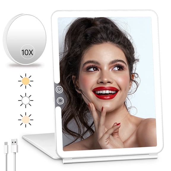 FUNTOUCH 10x7.5 Portable Large Travel Makeup Mirror with Light ,3 Color Lights, with 10X Magnification, White.