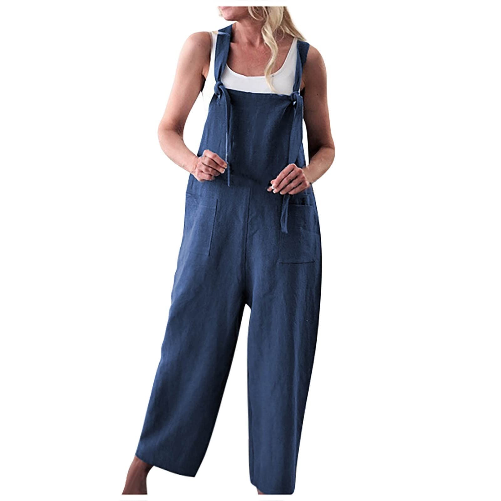 Dyfzdhu Denim Jumpsuits For Women Summer Trendy Sleeveless Pocket Washed  Denim Bib Jeans Overalls Wide Leg Pants Romper Blue S 