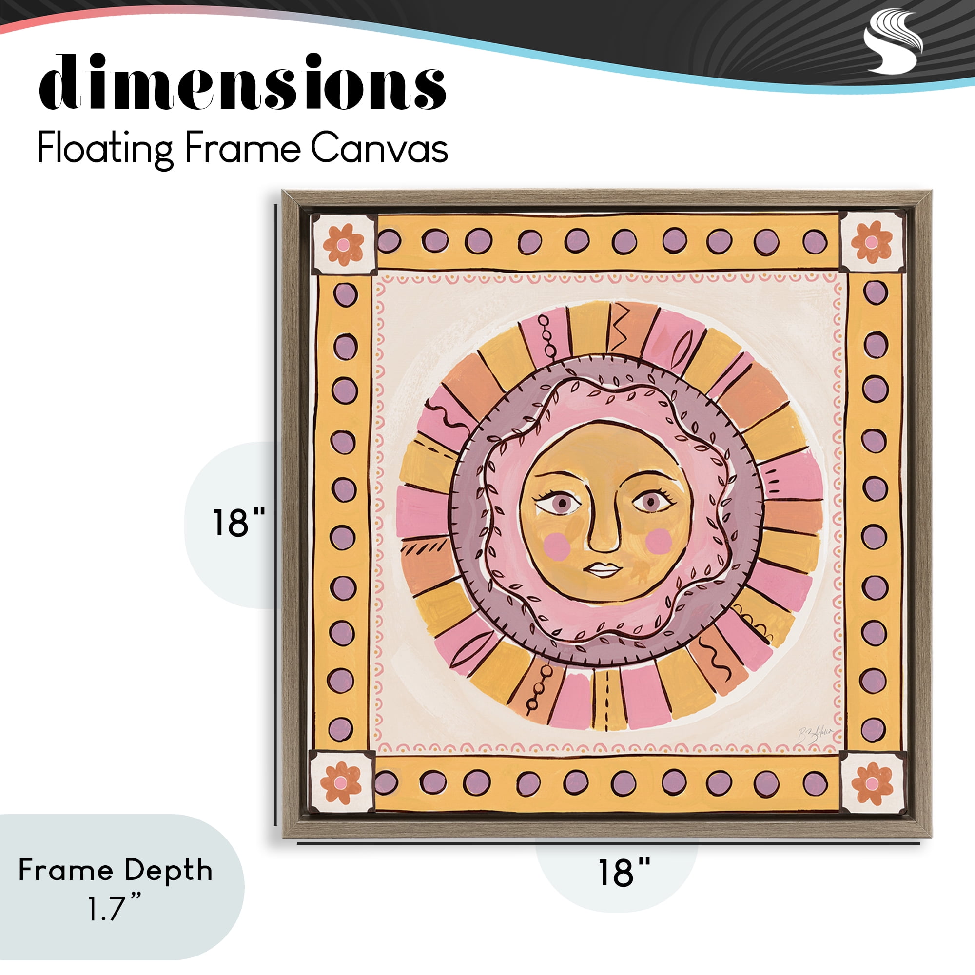 Stupell Industries Pastel Sun Face with Border Brown Framed Floater Canvas Wall Art, design by Two If By Sea Studios