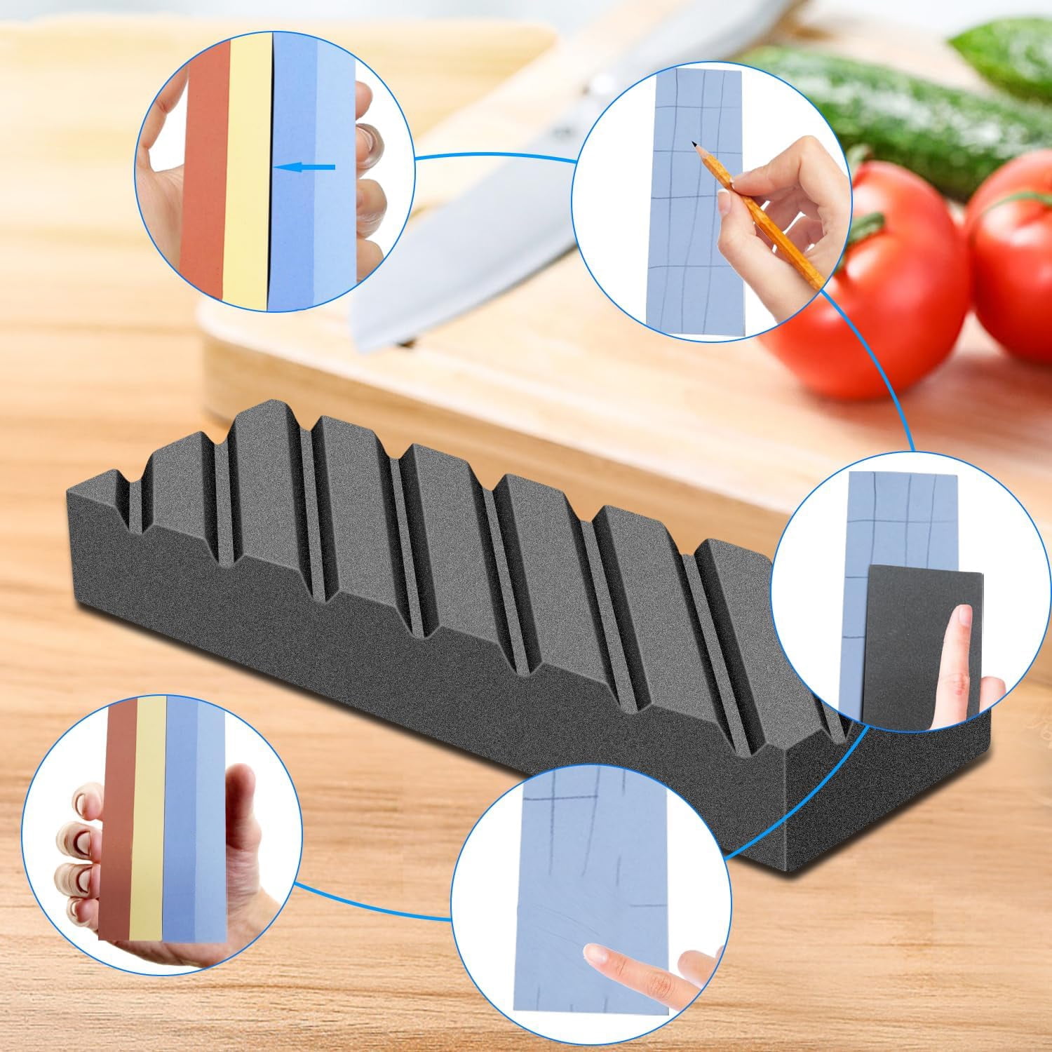 Knife Sharpening Stone Set – Dual Grit Whetstone 400/1000 3000/8000 Knife Sharpener with Leather Strop, Flattening Stone, Bamboo Base, 3 Non-slip Rubber Bases & Angle Guide