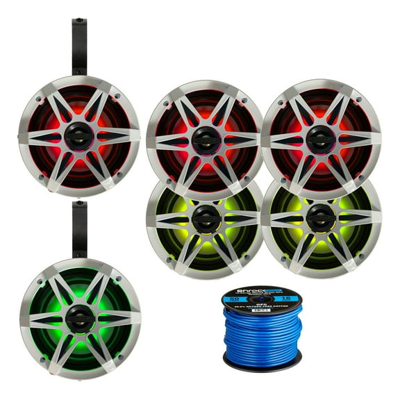 3 Pairs (QTY 6) of Enrock 6.5" 120 Watt Peak Power 2-Way Marine Audio White Boat Speakers with MultiColor RGB LED Lighting, 2x 6.5" Black Unloaded Speaker Pods, 50ft Wire