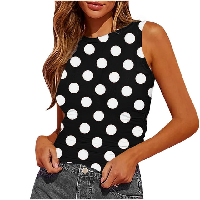Plebaso Débardeurs d'Été pour Femmes Slim Imprimé Sans Manches Col Rond Tee-Shirts Froncés Blouses Décontractées pour Femmes
