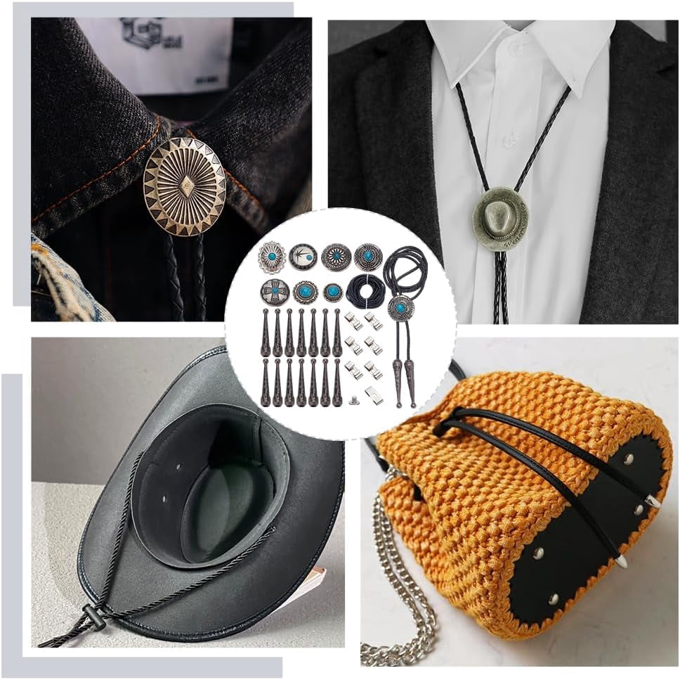 1 Set 28Pcs Bolo Tie Findings Kit Bolo Tie Tips Replacement Kit Bolo Tie Buckle Accessories with 14Pcs Alloy Cord End 7Pcs Bolo Tie Slide Clasps and 7Pcs Alloy Turquoise Buttons for Bolo Tie Making