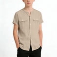 thumbnail image 3 of Scyoekwg Boys Short Sleeve Button Down Shirt Cotton Casual Solid Color Shirts with 2 Pockets Summer Comfy Tops for Kids, Khaki, 14-15 Years, 3 of 7