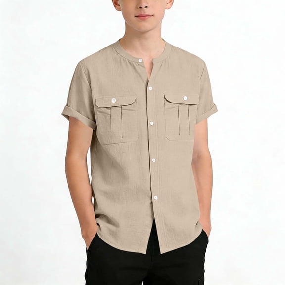 RRMuAzgs Boys Short Sleeve Shirts Button Down Casual Tops with Two Pockets Lightweight Summer Shirts for 5-15 Years