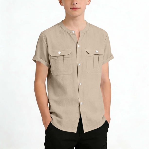 Camisa de manga corta con cuello redondo de color liso para niño, cárdigan informal y cómodo para adulto, top de poliéster para niño