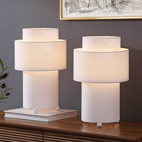 Franklin 17.5" White Cylinder LED Table Lamp Set of 2 with Fabric Drum Shade, Modern Minimalist for Bedside or Living Room