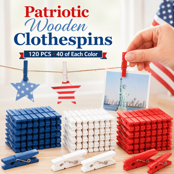 MORAVE 120 Pack 2.9 Inch Red White Blue Patriotic Wooden Clothespins, Decor Pegs for Photos Crafts DIY Wreath Clothesline