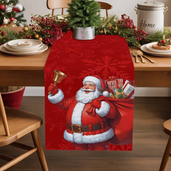 Table Runner 13x70in Inches Long, Funny Santa ClausLinen Washable Dresser Scarf Snowflake on Red BackgroundKitchen Dinning Tablerunners for Holiday/Party/Wedding/Home Tables Decor