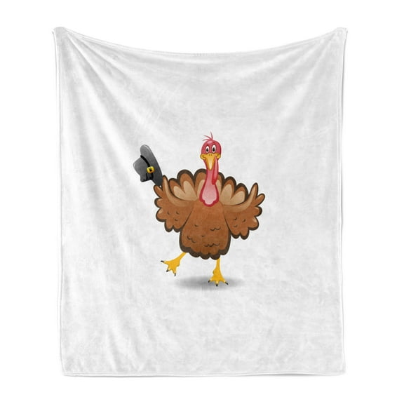 Turkey Soft Flannel Fleece Blanket, Dancing Cartoon Animal with Pilgrims Hat Thanksgiving Dinner with a Funny Character, Cozy Plush for Indoor and Outdoor Use, 50" x 60", Multicolor, by Ambesonne