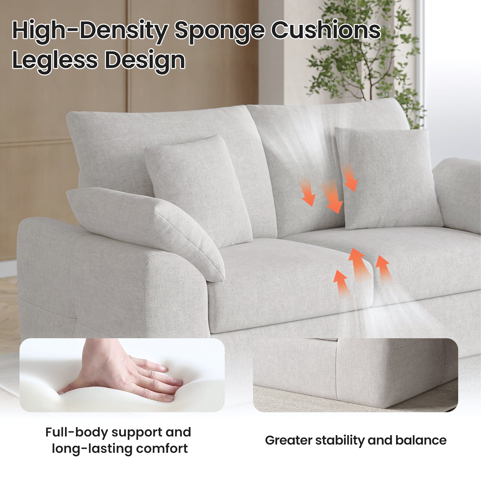 EOP 75.6" Wide Cloud Compression Sofa, Full Sponge Loveseat with Deep Seat, Upholstered Couch with 4 Pillows, No Assembly Required for Small Living Spaces, Beige