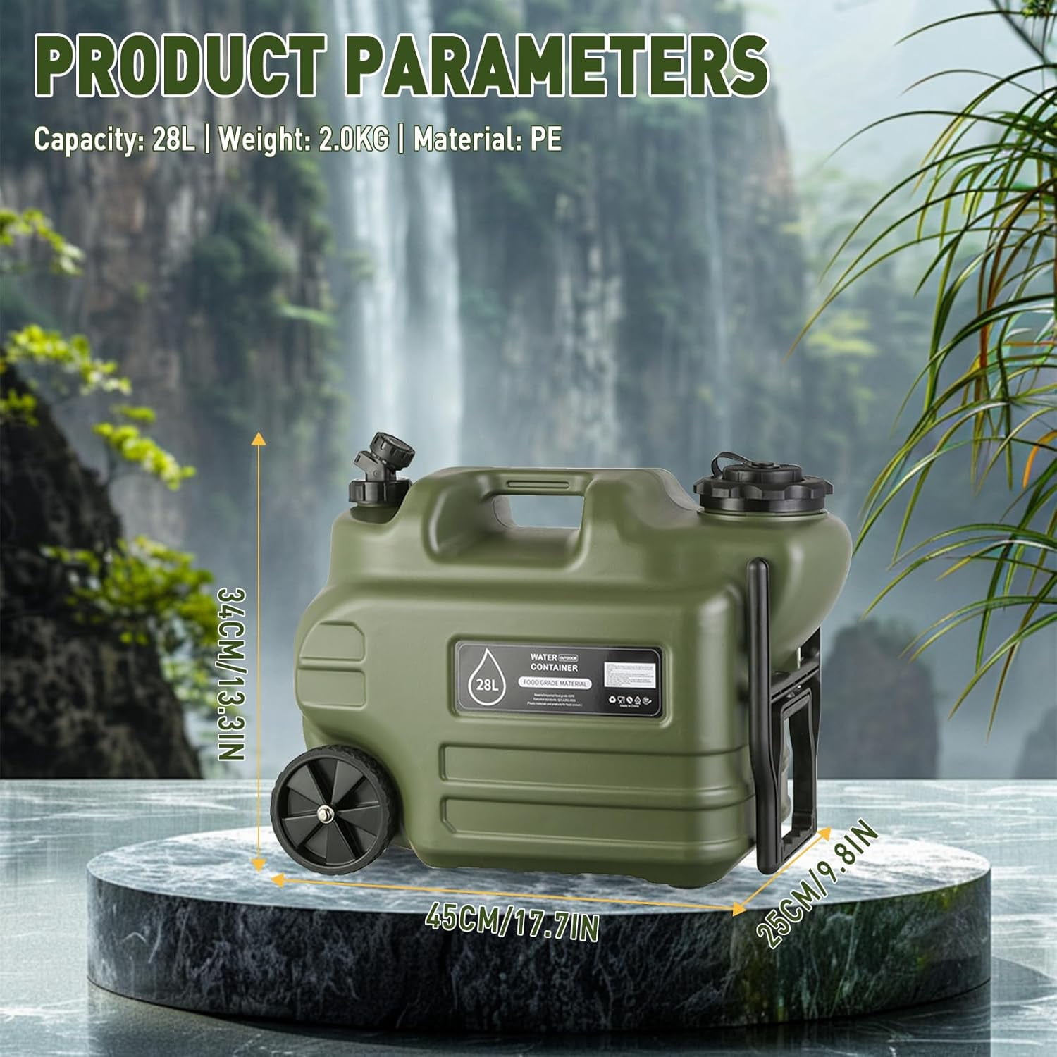 Water Jug, 28L Portable Water Container with Wheel & Pull Handl, BPA-Free Camping Hydration Canteen, Outdoor Tank Storage PE, Green, 7.4 Gallon