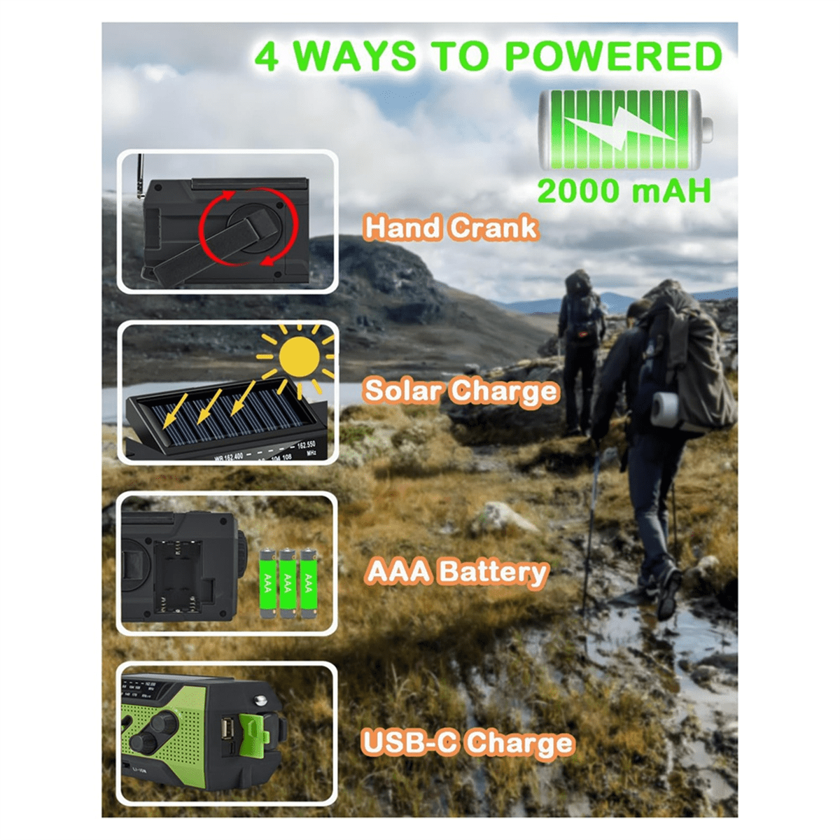 Emergency Weather Radio Hand Crank Portable Solar Charging with AM/FM/ LED Flashlight SOS Alert 2000mah