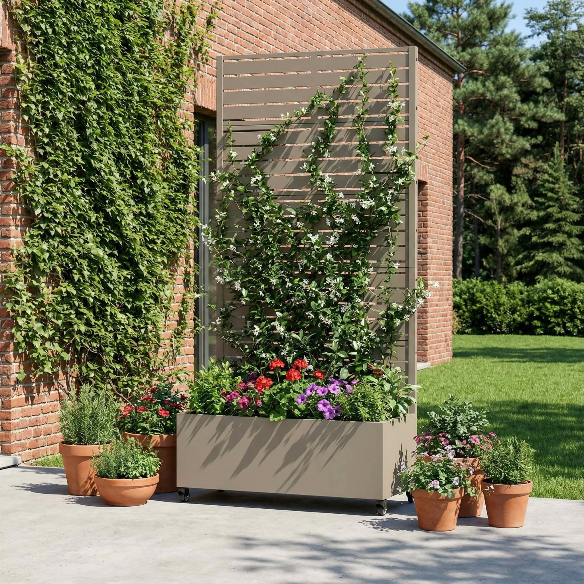 MAYEERTY 72x35x16 Inch Olive Gray Metal Rectangular Planter Box with Trellis, 5 Piece Set for Outdoor Garden & Patio