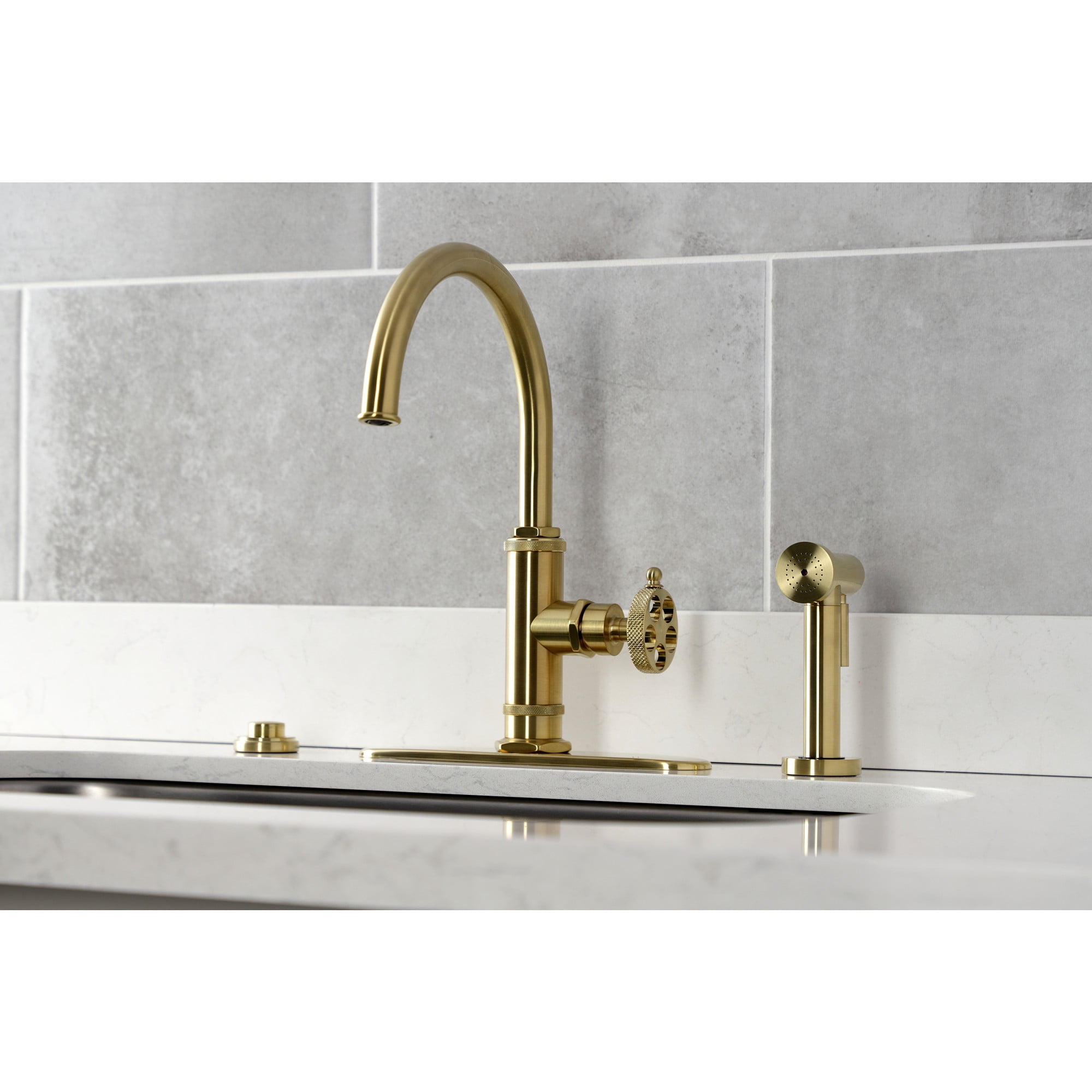 Kingston Brass KS2437RKX Webb Single-Handle Kitchen Faucet with Knurled Handle and Brass Side Sprayer, Brushed Brass