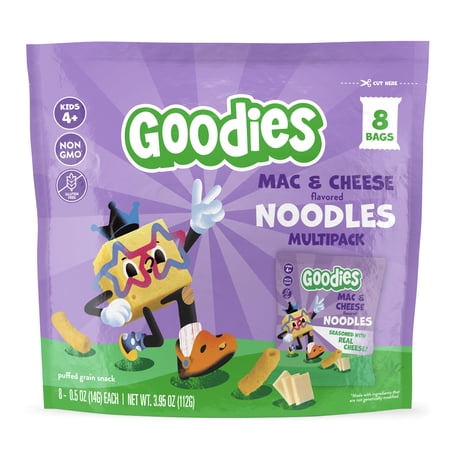 Goodies Cheese Puffs, Noodle-Shaped Crunchy Kids Snack, Non-GMO, 8 Snack Packs